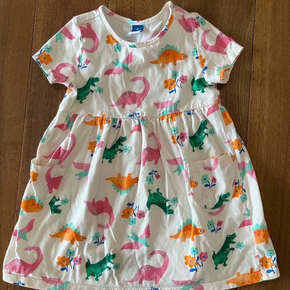 Old Navy White Short Sleeve Dress with Pink, Green & Orange Dinosaur Print